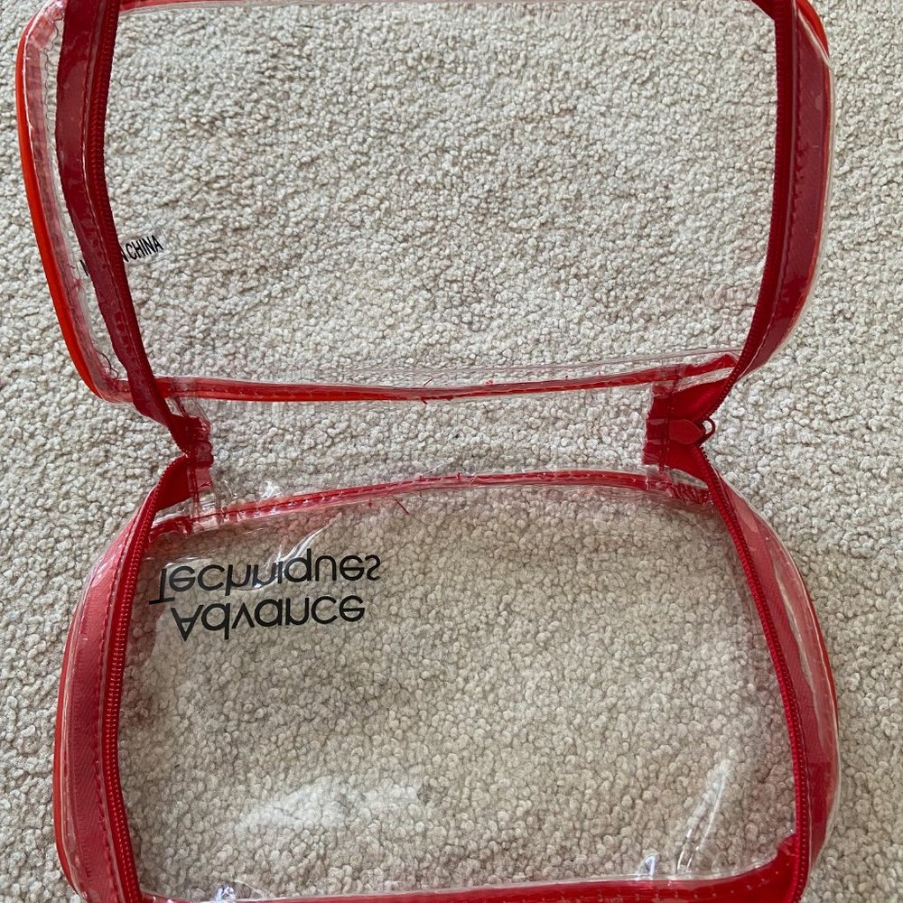 -Transparent clear red wide all round zip closure cosmetic case toiletry bag new